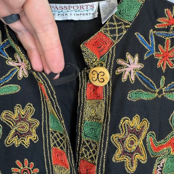 Vintage Passports Of Pier 1 Imports Vest Size M Black Embroidered Button Front - Picture 3 of 10